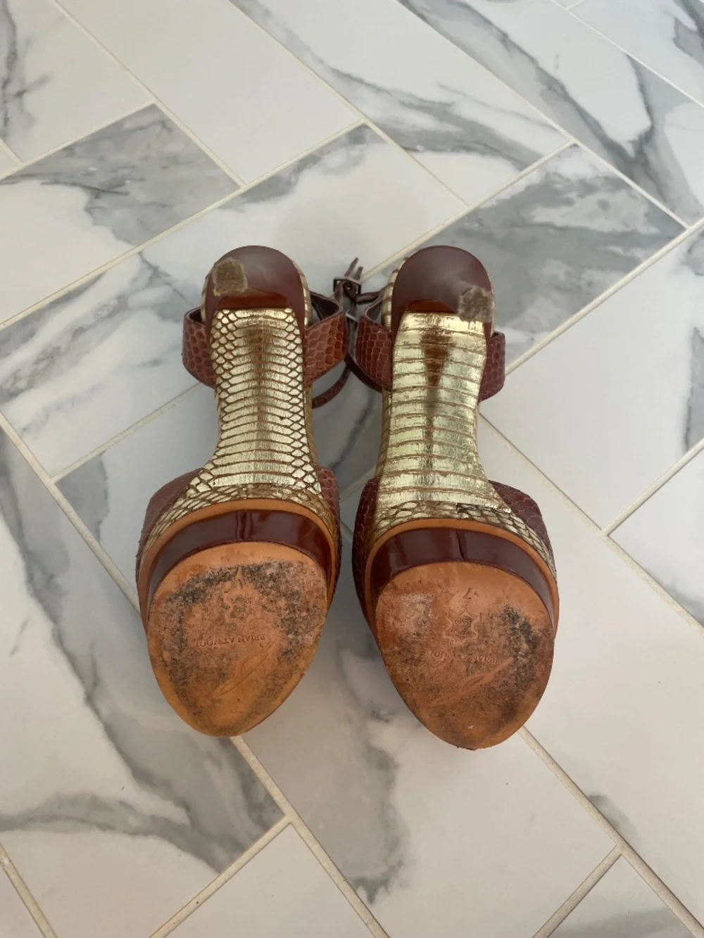 Brian Atwood 7/37 Fontenay Snakeskin Platform Ankle Strap Heels Brown Gold